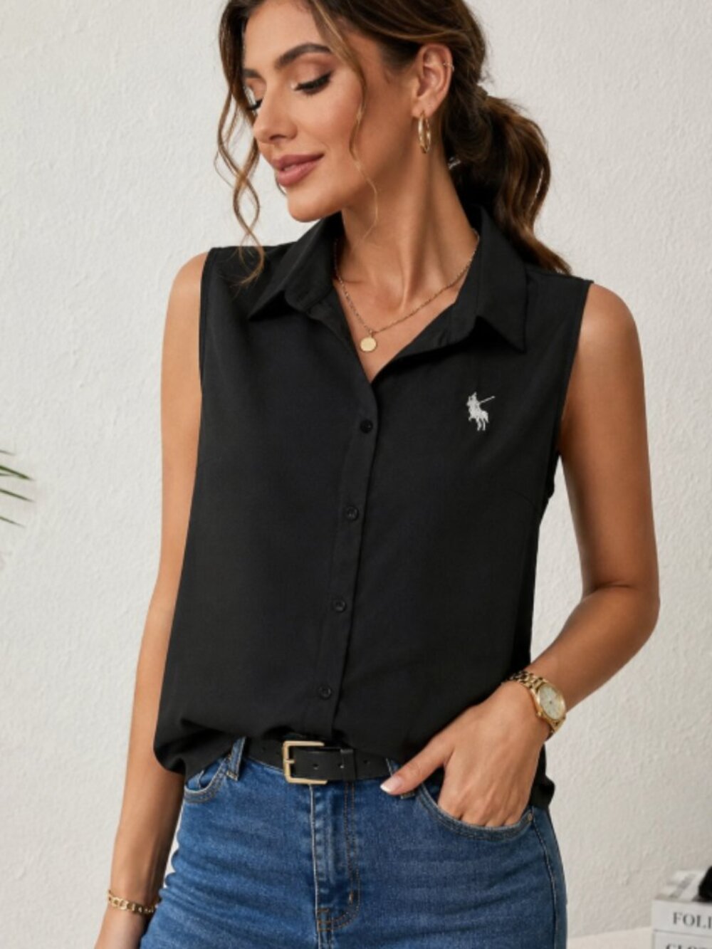 SHEIN Black Sleeveless Button Front Collared Blouse Top Pony Logo Size L